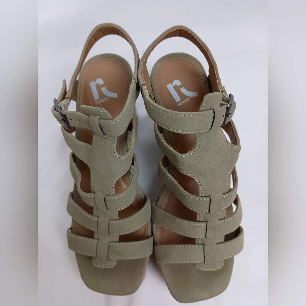 REPORT 7 Olive Green Tan Sandals Chunky Heel Summer Strappy Design -(#1,003)